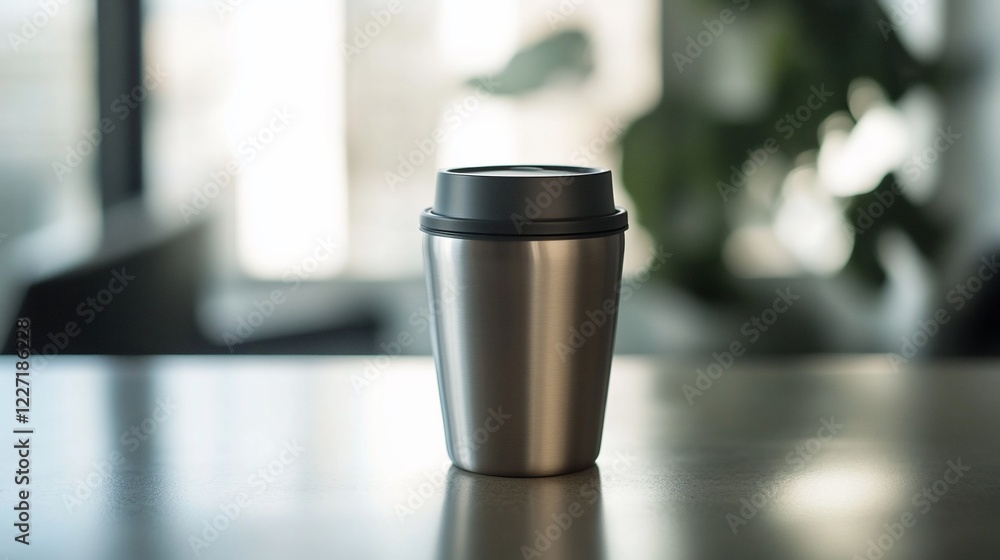 Silver travel mug sits on cafe counter, sunny window background Silver travel mug sits on cafe counter, sunny window background
