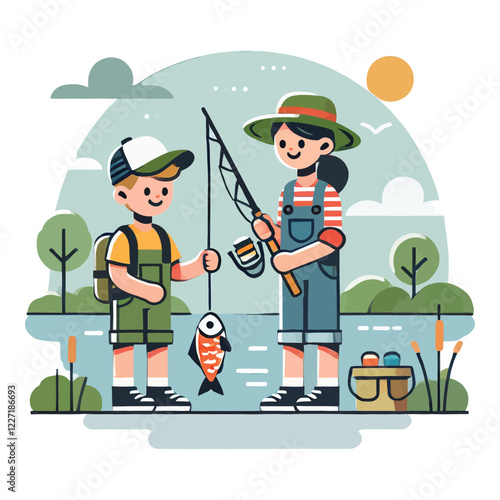 Happy siblings enjoying a summer fishing trip by the lake illustration