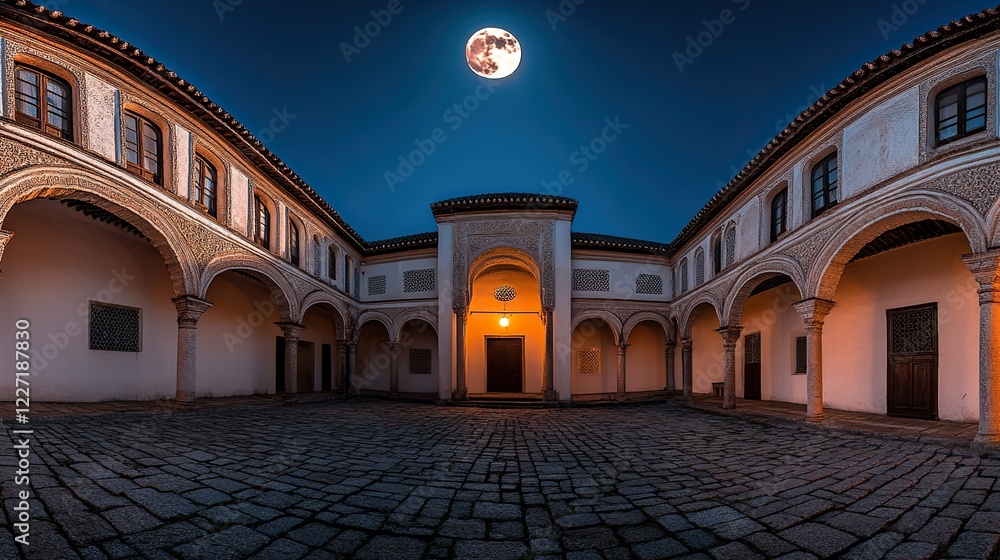 Fototapeta premium traditional mosque courtyard under the moonlight, spiritual and serene, detailed and peaceful