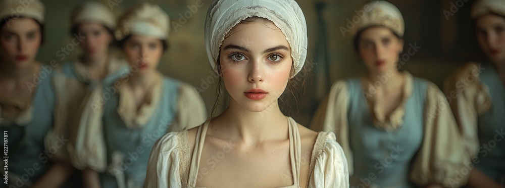 Obraz premium The nurse, adorned in vintage clothing, offers solace and comfort to patients inside the old hospital, eliciting sensations of healing and nostalgia