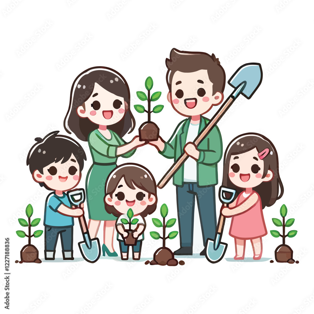 Happy Family Planting Trees Together Promoting Environmentalism Happy Family Planting Trees Together Promoting Environmentalism