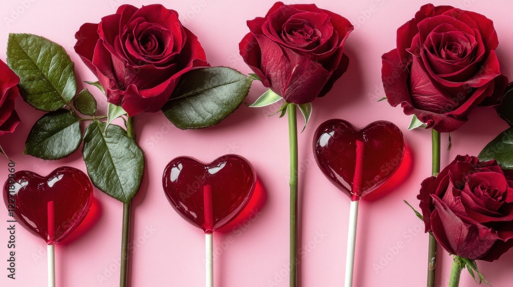 Red roses and heart shape lollipops on pink background for valentine's concept Red roses and heart shape lollipops on pink background for valentine's concept