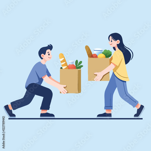 Man and Woman Sharing Groceries Teamwork Illustration