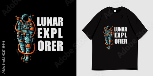 Lunar explorer graphic t-shirt design. Astronaut, space, outer space, rocket, spaceship and moon symbols. Print for apparel, clothing, t-shirt, apparel and fashion. Vector illustration.