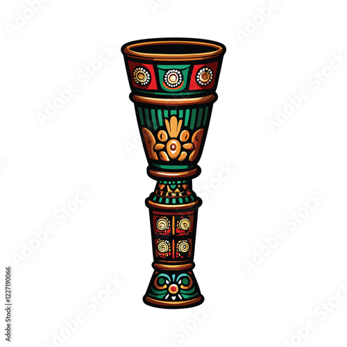 Illustrate a meticulously detailed ceremonial Aztec cup, showcasing intricate symbolic designs; emphasize vibrant colors and rich textures.