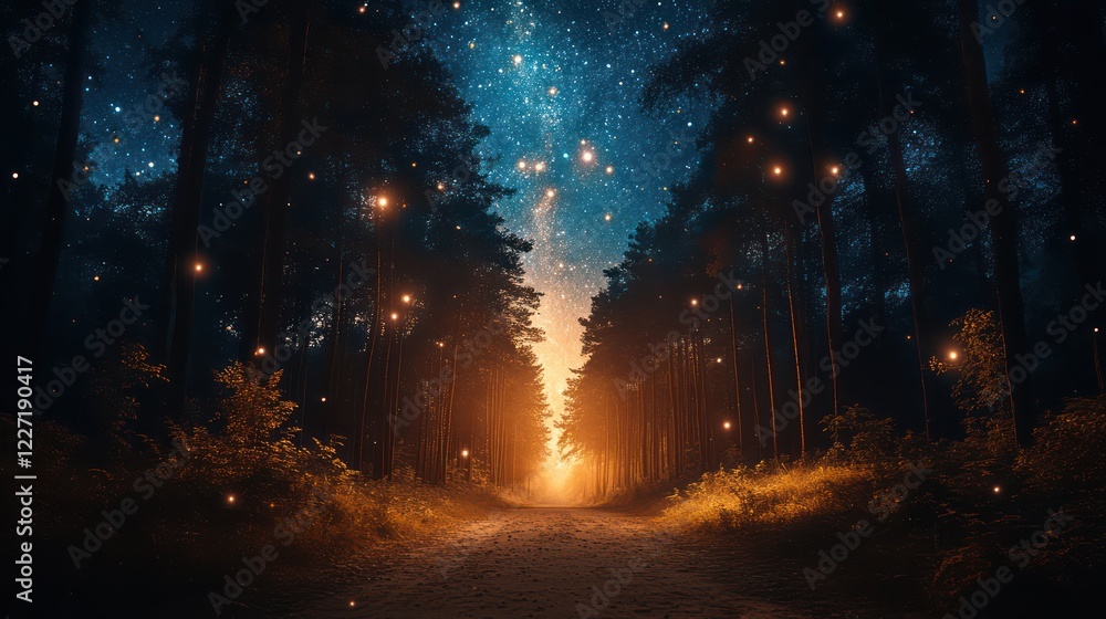 Enchanted Forest Path Under a Starry Night Enchanted Forest Path Under a Starry Night