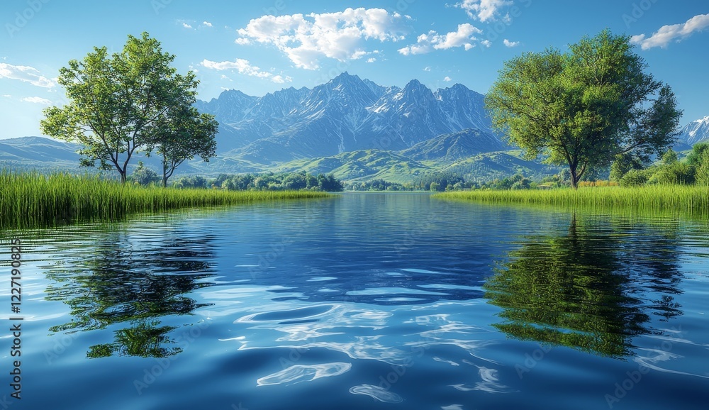 A serene landscape with a gradient of bright blue and green in the background, showing a tranquil lake and trees, green and peaceful, natural A serene landscape with a gradient of bright blue and green in the background, showing a tranquil lake and trees, green and peaceful, natural