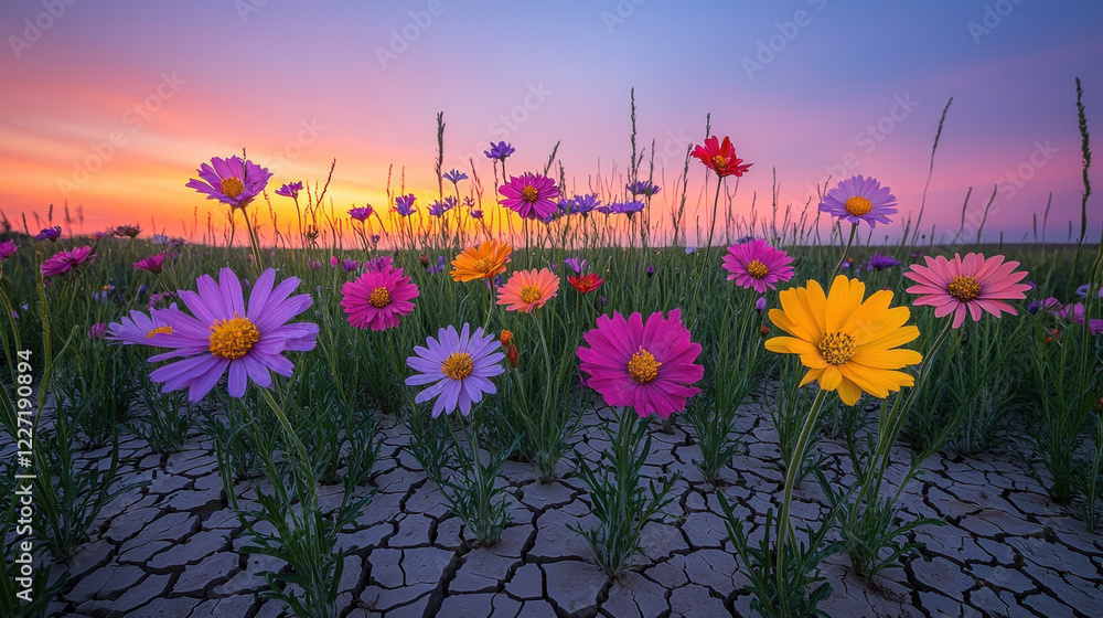 Fototapeta premium Colorful wildflowers blooming in cracked desert soil at sunset