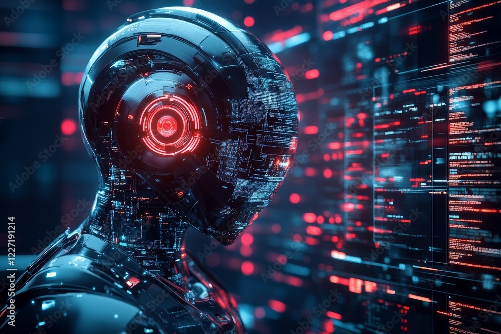 Futuristic robot with glowing elements interacts with data interfaces in a high-tech environment Futuristic robot with glowing elements interacts with data interfaces in a high-tech environment