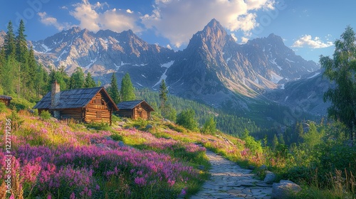 Tatra mountains landscape panorama, Poland colorful flowers and cottages in Gasienicowa valley (Hala Gasienicowa), warm summer morning