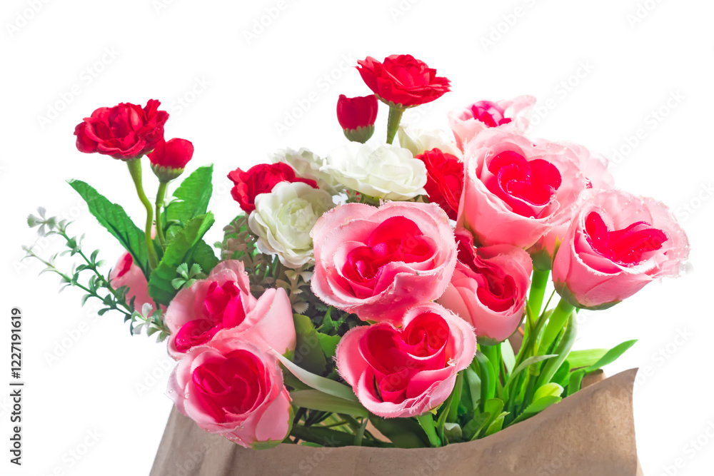 Bouquet of pink, red and white artificial roses with green leaves on a white background Bouquet of pink, red and white artificial roses with green leaves on a white background