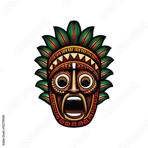 Draw a symbolic Aztec death mask with an open mouth, revealing sharp teeth; intricate detailing and vibrant colors.