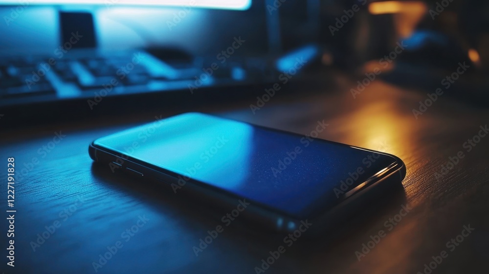 Dark Smartphone on Wooden Table with Computer in Background Dark Smartphone on Wooden Table with Computer in Background