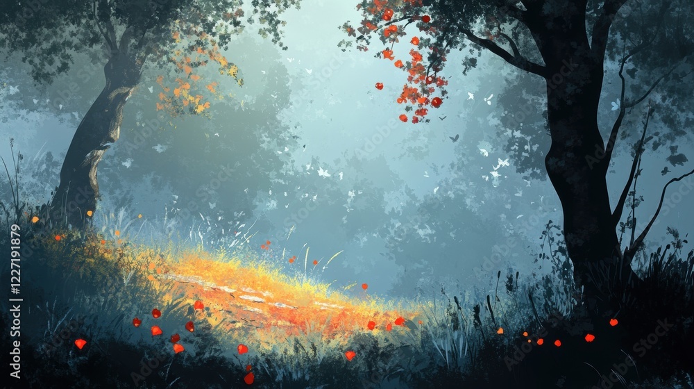 Fototapeta premium Misty Forest Path Autumnal Flowers Trees