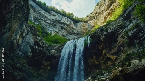 Majestic waterfall cascading down a rocky cliff surrounded by lush green vegetation under a bright sky