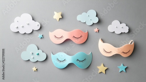 Colorful sleep masks with stars and clouds on grey background Sleepmaxxing, healthy sleep. Flatley, top view. World Sleep Day photo