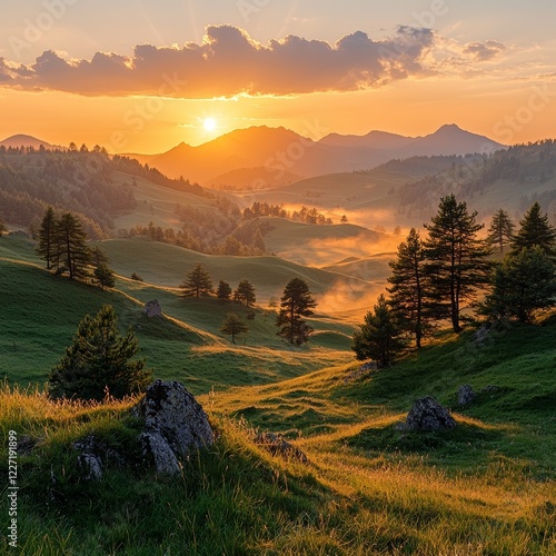 A stunning sunset lights up the mountains, with the sun peeking through a canopy of orange clouds