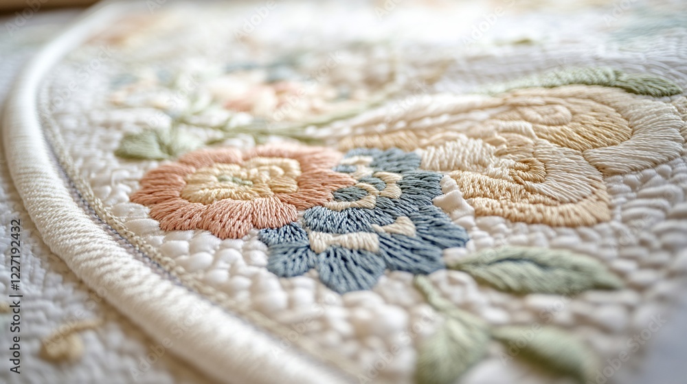 Obraz premium Close-up floral embroidery, cream quilt, bedroom setting, textile detail, home decor
