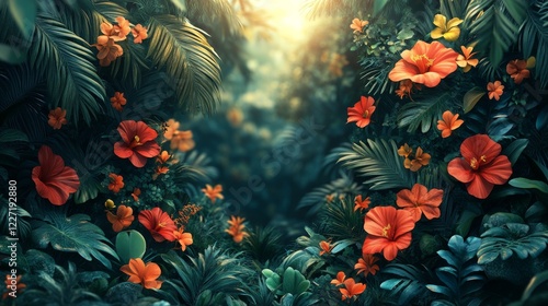 Lush Tropical Hibiscus Garden with a Soft Golden Light and Emerald Green Foliage creates an enchanting tranquil botanical experience