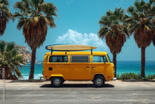 At the rear of a tropical beach, a vintage car with a surfboard on its roof - a relaxing summer adventure in retro colors