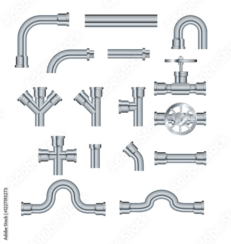Pipe. Metallic pipes plumbing fittings. Industry pipeline. Vector