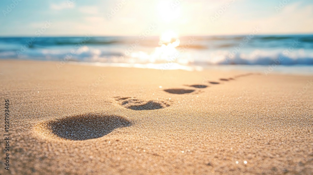 Footprints in the sand leading towards the ocean at sunrise Footprints in the sand leading towards the ocean at sunrise