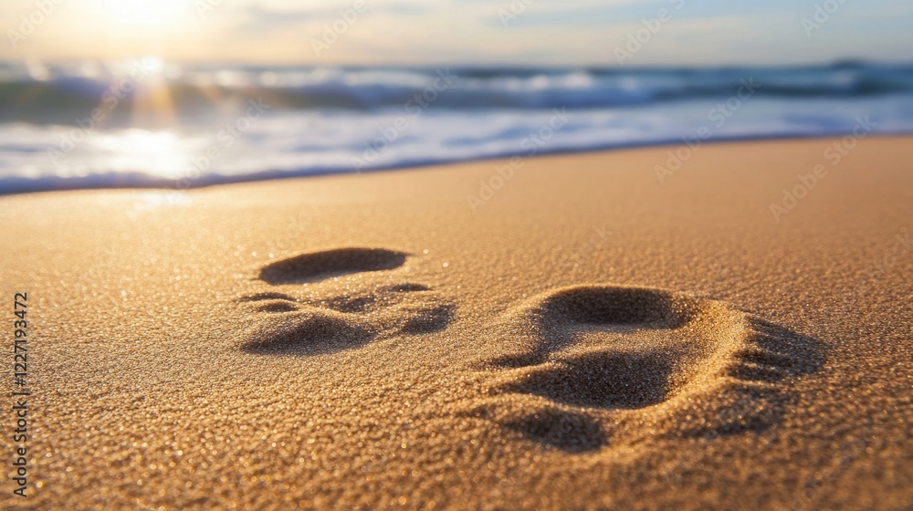Footprints in golden sand at sunset on ocean beach Footprints in golden sand at sunset on ocean beach