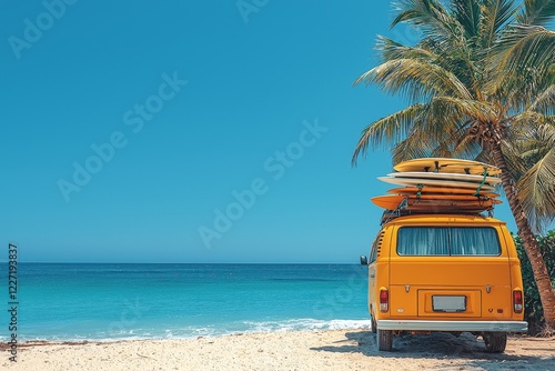 A leisurely summer trip is depicted by a vintage car parked on a tropical beach, featuring a surfboard on its roof, in a retro color effect