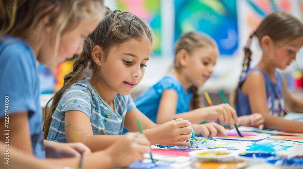 Fototapeta premium Young girls engaged in creative painting activities, showcasing imagination and artistic expression in a vibrant classroom environment.