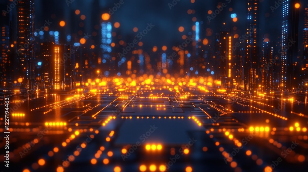 Fototapeta premium Futuristic city glowing with orange and blue lights on a circuit board.