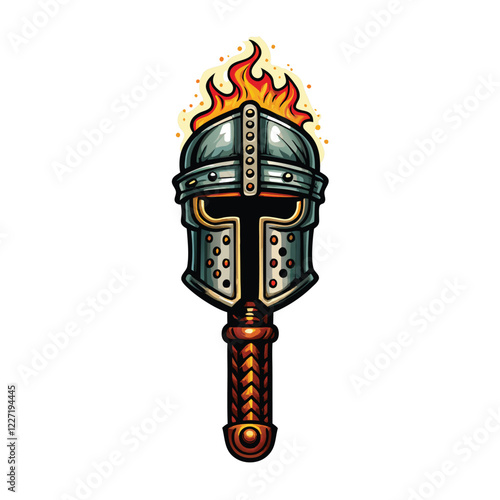 A fiery medieval helmet, possibly belonging to a "Fireforge Raider," detailed with burning embers and a blazing design.  Create a dramatic, gritty image.