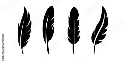Bird Feather black silhouettes. Plumelet collection. Vector isolated on white