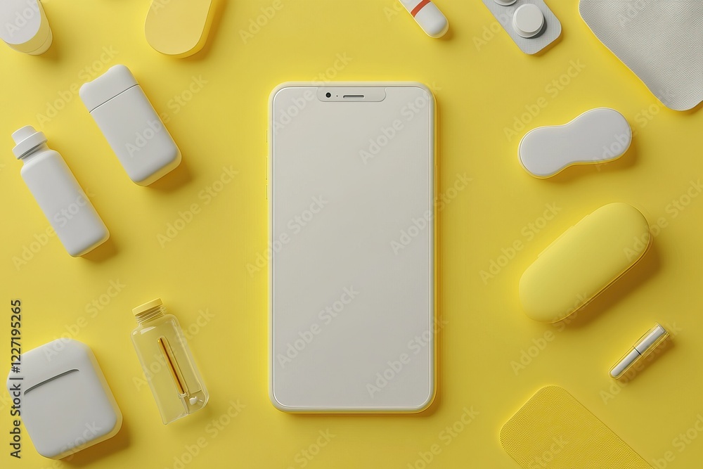 Smartphone and Accessories on Yellow Background Smartphone and Accessories on Yellow Background