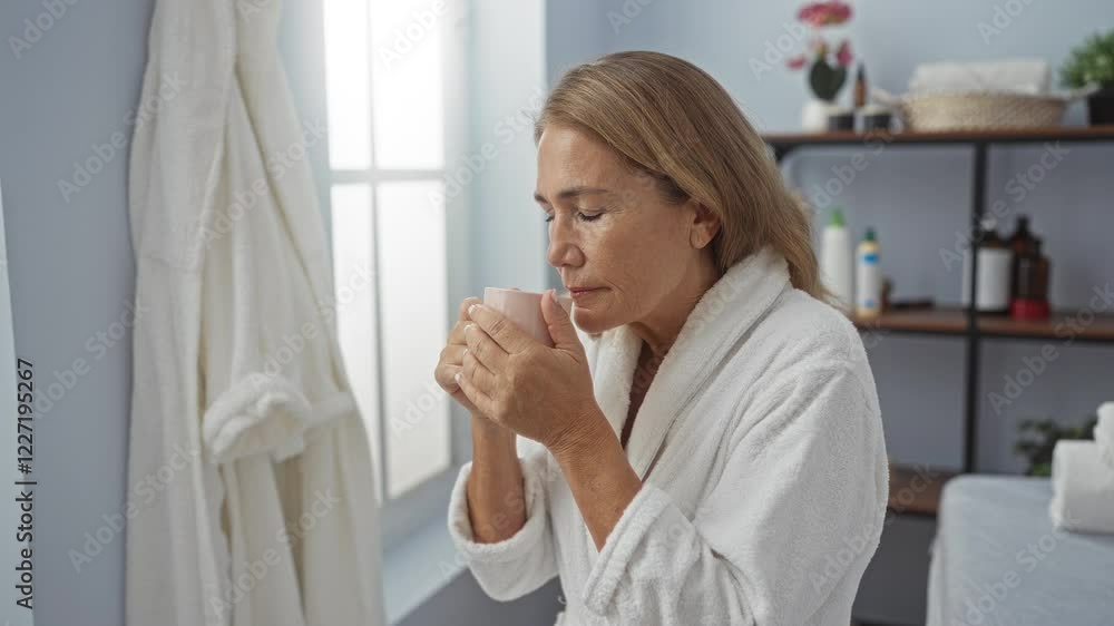 Woman enjoying coffee in serene spa room wearing white bathrobe with natural light and wellness products on shelf. Woman enjoying coffee in serene spa room wearing white bathrobe with natural light and wellness products on shelf.