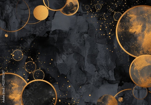 A dark background with various golden circles and dots of different sizes scattered across it, creating an abstract and visually striking pattern.