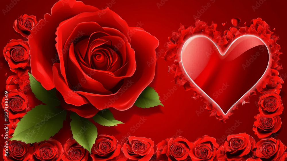 Fototapeta premium Red roses and heart on vibrant background symbolize love