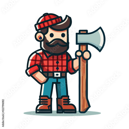 A cheerful lumberjack cartoon character holding an axe
