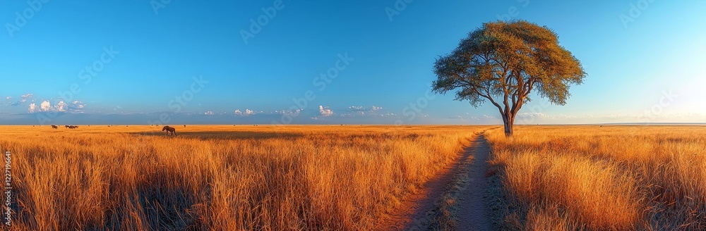 Fototapeta premium The scenic Serengeti plains, with a sweeping savannah vista and a characteristic big acacia tree in focus