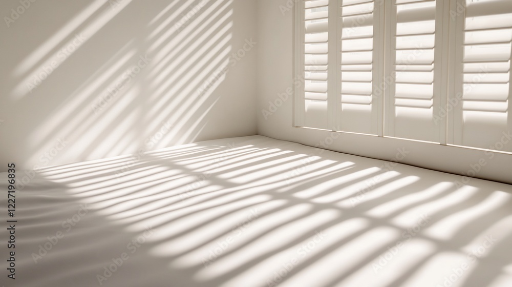 Fototapeta premium Sunlight streams through shutters onto bedroom floor, illuminating white walls