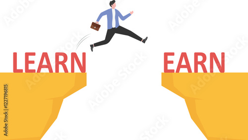 A businessman jumps over a cliff with word learn and earn or Education and earnings concept vector illustrator

