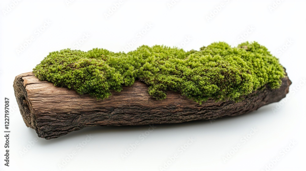 Lush green moss growing on a weathered wood log against a white background, perfect for nature-themed design Lush green moss growing on a weathered wood log against a white background, perfect for nature-themed design