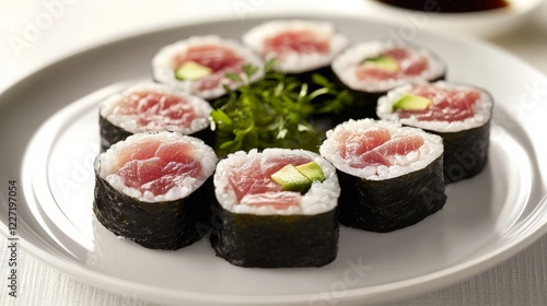 A plate of sushi rolls with fresh tuna, avocado, and a drizzle of soy sauce.