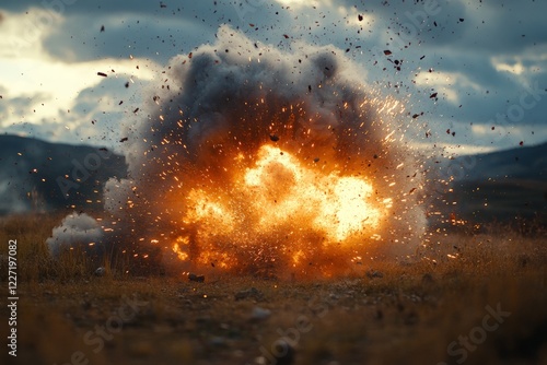 Large explosion erupts in open field during daylight beneath cloudy sky