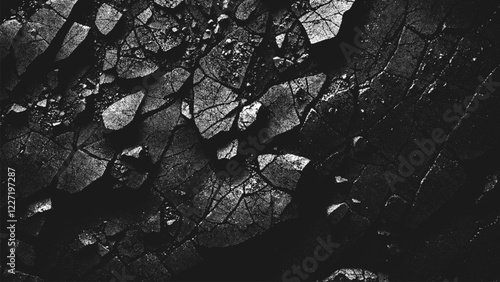 Dramatic black and white fractured surface of high contrast cracked rock texture pattern with rough grunge stippling style aesthetic. Pointillism. Noisy grainy shading using dots. Vector illustration