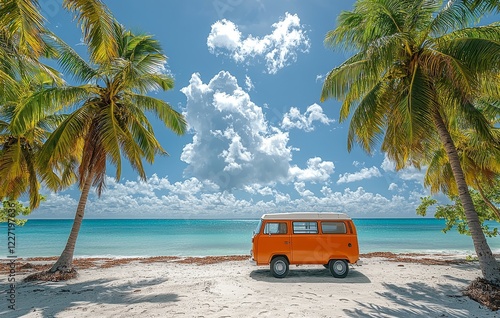 Summer time and fun on the beach are captured by a view of a red orange vintage van in the ocean