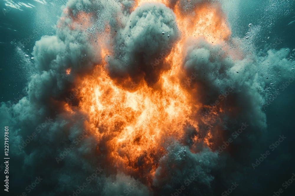 Obraz premium Explosive underwater eruption creates massive fireball with swirling smoke clouds in clear blue ocean
