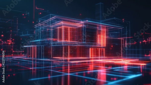 hologram, Sketch design and drafting of wireframe of building a modern house becoming real. 3d illustration, Digital project visualization.