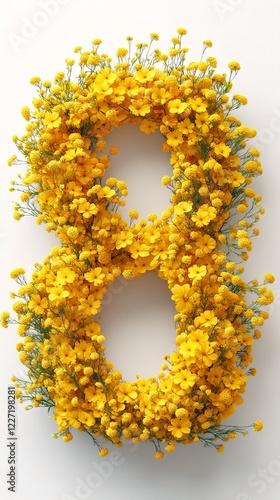 The image features an artistic representation of the number 8 composed entirely of yellow flowers. photo