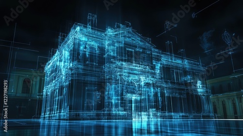 hologram, Sketch design, and drafting of wireframe of the building becoming real. 3d illustration, Digital project visualization.