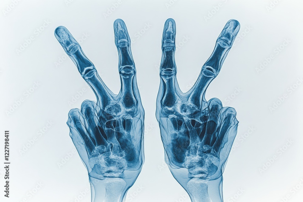Naklejka premium X-ray image showing human hands making a peace sign and a victory gesture in an anatomical study
